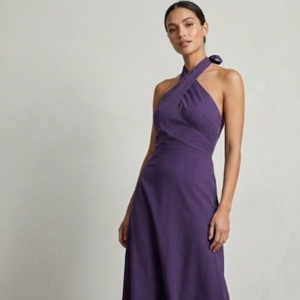 Esprit Purple Halter Crossover Wrap Midi Dress Size 0 5134033 Cotton Blend